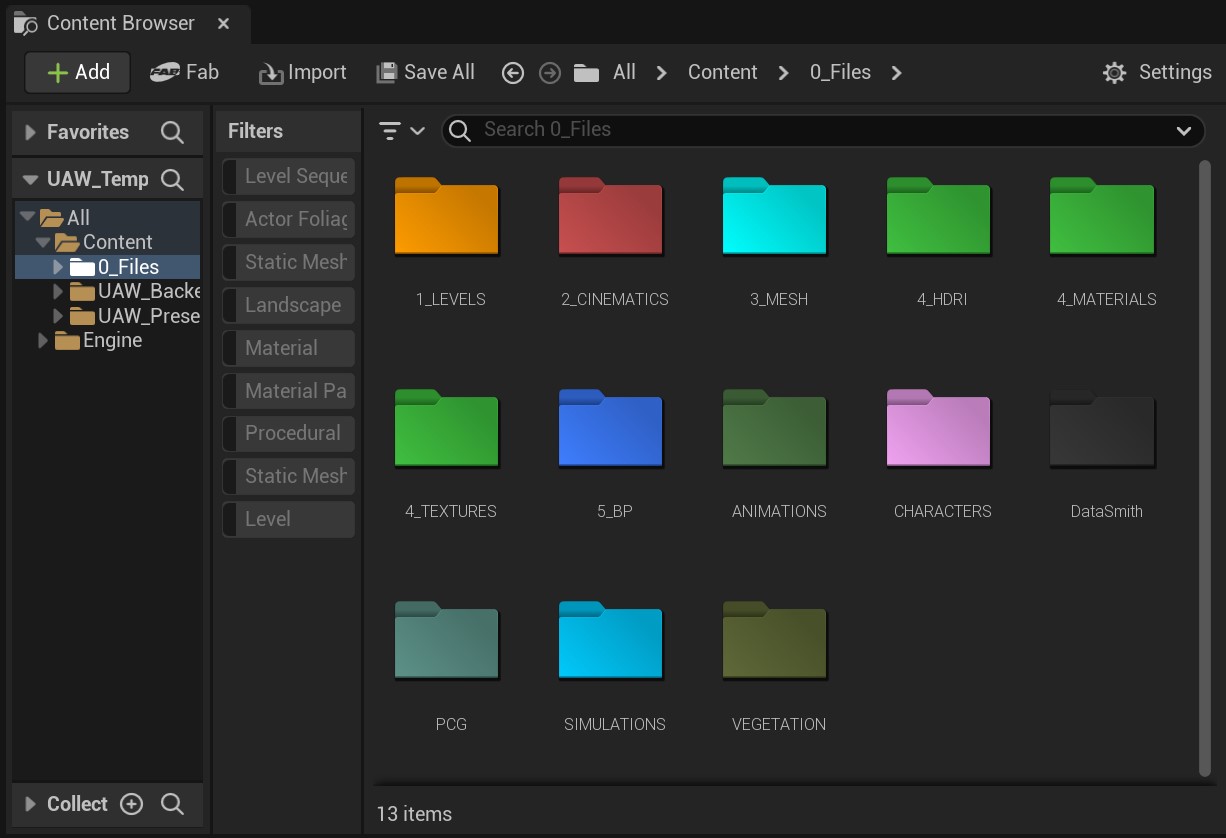 Unreal Engine 5 content browser showing the project folder structure with folders like 1_LEVELS, 2_CINEMATICS, 3_MESH, 4_HDRI, 4_MATERIALS, 4_TEXTURES, 5_BP, ANIMATIONS, CHARACTERS, DataSmith, PCG, SIMULATIONS and VEGETATION.