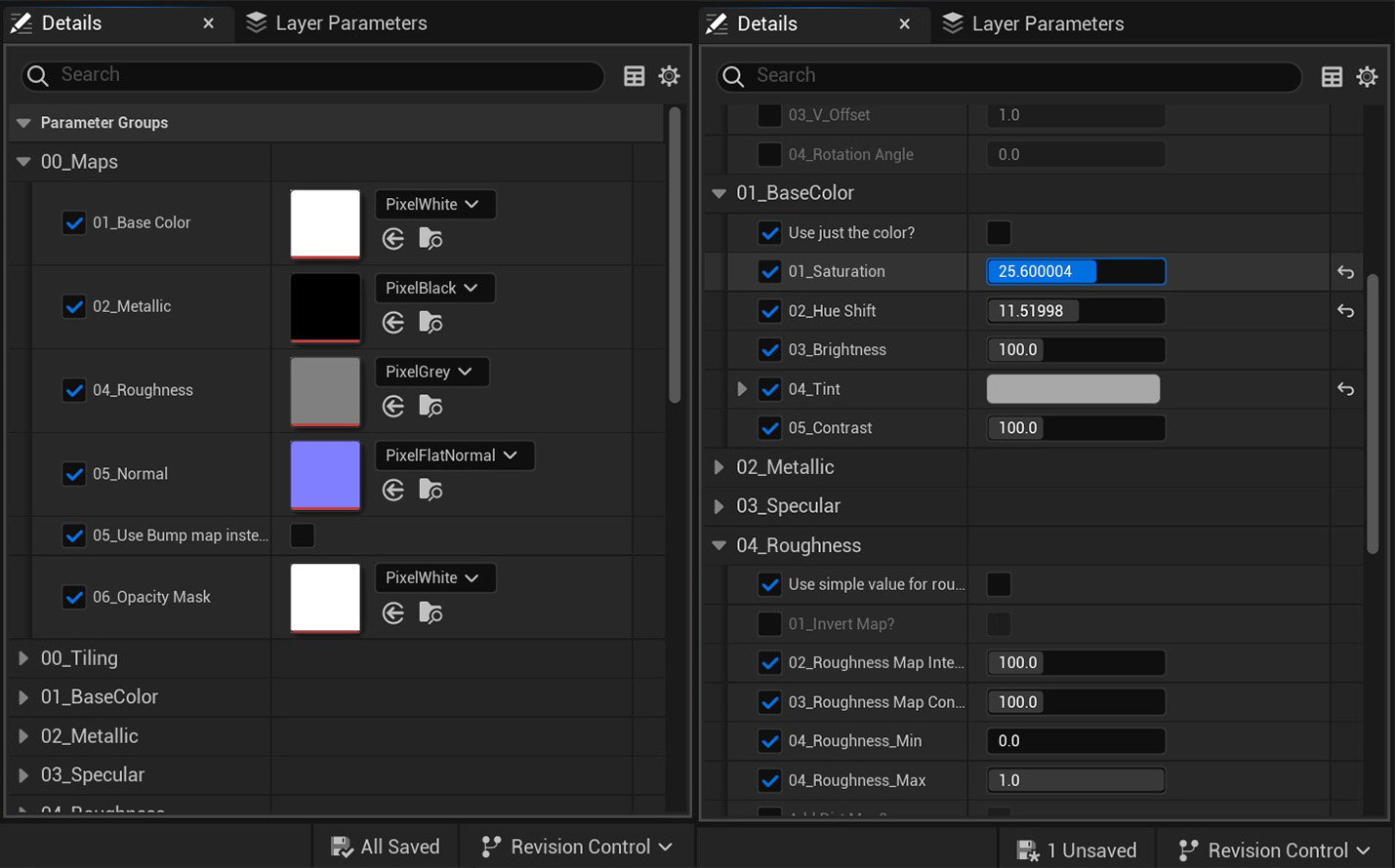 Unreal Engine 5 Details panel showing the ArchViz Master Material parameter groups: Maps, BaseColor, Metallic, Specular and Roughness.
