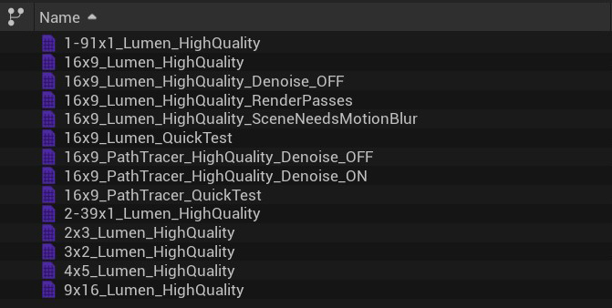 Content browser showing the included Movie Render Queue presets for 16x9 Lumen and Path Tracer.