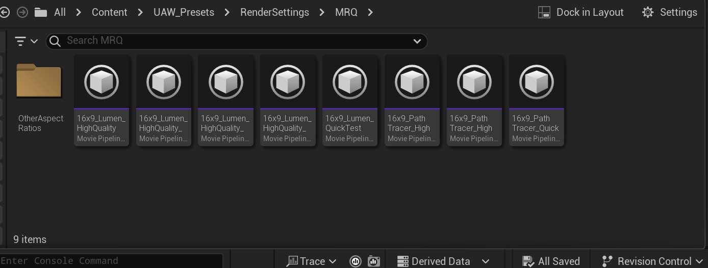 Content browser showing the included Movie Render Queue presets for 16x9 Lumen and Path Tracer.