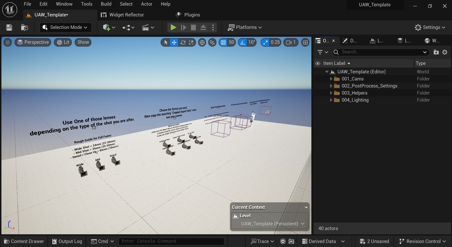 Unreal Engine 5 viewport showing the camera preset level with labelled Wide, Mid and Detail cameras and aspect ratio reference.